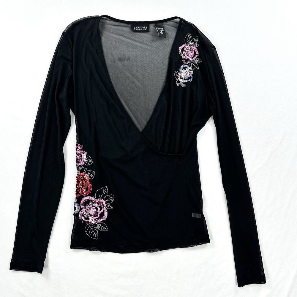 New York & Co Sheer Whimsigoth Top Womens Small Floral Embroidered V Neck